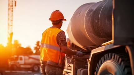 Poster - An intimate close-up of a concrete mixer truck driver, checking the mixture before pouring, Concrete pouring scene
