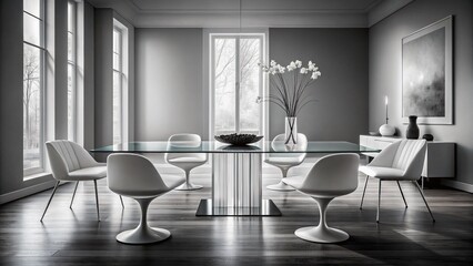 Wall Mural - Elegant Black and White Minimalist Interior Featuring a Glass Table and Chairs, Showcasing Simple Lines and Modern Design in a Serene Atmosphere for Contemporary Home Decor