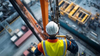 Poster - An intimate portrait of a crane operator maneuvering a crawler crane at a port expansion project, Port expansion crane operation scene, Commanding and precise style