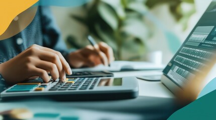 Poster - A person calculating finances with a calculator and laptop in a workspace.