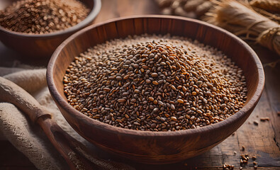 Poster - A bowl of brown grains with a spoon next to it. The bowl is full of grains and the spoon is on the right side of the bowl