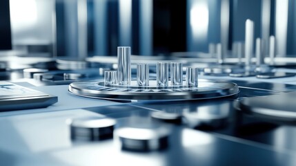 Fototapete - A close-up view of metallic components in a high-tech environment, suggesting advanced technology.
