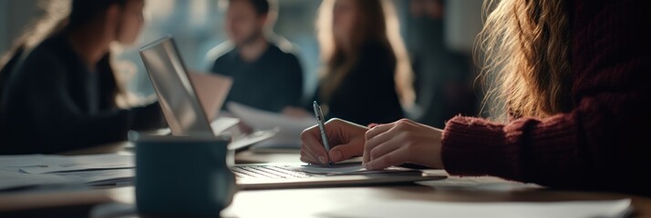 Poster - A person writing on a laptop at a table with documents and a drink nearby.