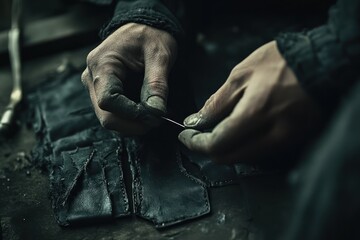 Poster - A close-up of hands sewing leather, showcasing craftsmanship and attention to detail.