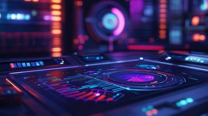 Poster - A futuristic control panel with vibrant lights and data visualizations.