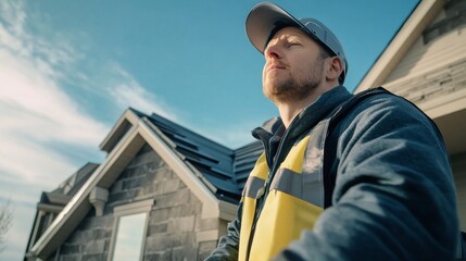 Poster - An intimate portrait of a roofing specialist inspecting roofing materials on a residential housing project, Residential roofing inspection scene, Detail-oriented and weatherproof style