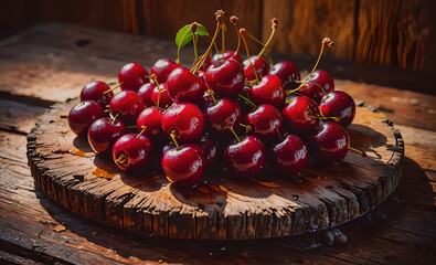 Aufkleber - A wooden table with a wooden board on it. There are many red cherries on the board
