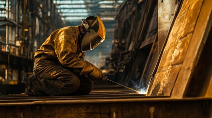 Poster - An intimate portrait of a welder in protective gear working on metal structures at a shipyard, Shipbuilding scene, Skilled and industrial style