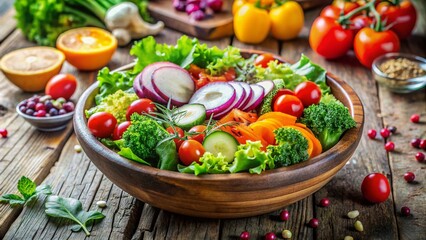 Wall Mural - Fresh Feast: A Colorful Salad Bowl Overflowing with Fresh Vegetables and Greens on a Rustic Wooden Surface, Perfect for Healthy Eating and Culinary Inspiration