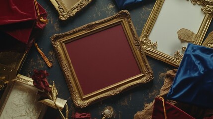 Poster - A collection of ornate picture frames arranged artistically on a textured surface.
