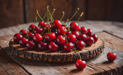 Poster - A wooden table with a wooden board on it. There are many red cherries on the board