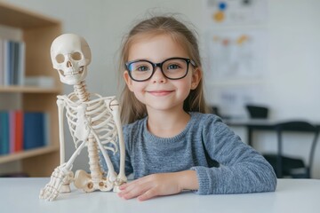 Poster - A smiling girl with glasses poses beside a skeleton model in a classroom setting.