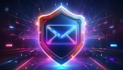 Poster - A vibrant digital shield featuring an envelope, symbolizing email security and protection in a futuristic, neon-lit environment.