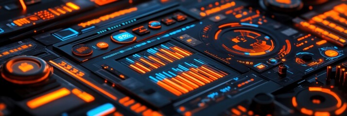 Fototapete - A futuristic interface with glowing orange and blue elements, resembling a control panel.