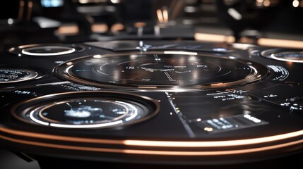 Aufkleber - A futuristic control panel with glowing displays and navigation elements.