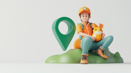 Aufkleber - A cartoon character sits on a hill with a map pin, holding a cute animal companion.