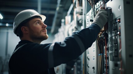 Poster - An intimate portrait of an electrician wiring control panels in a manufacturing facility, Manufacturing electrical installation scene, Technical and focused style