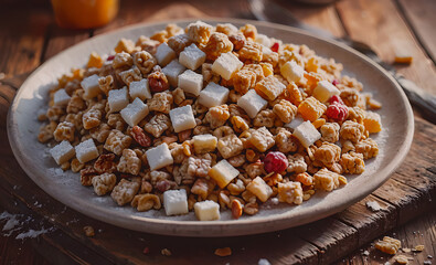 Aufkleber - A white plate with a pile of cereal on it. The cereal is made up of different shapes and sizes