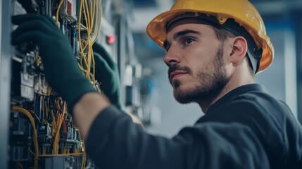 Poster - An intimate portrait of an electrician wiring control panels in a manufacturing facility, Manufacturing electrical installation scene, Technical and focused style
