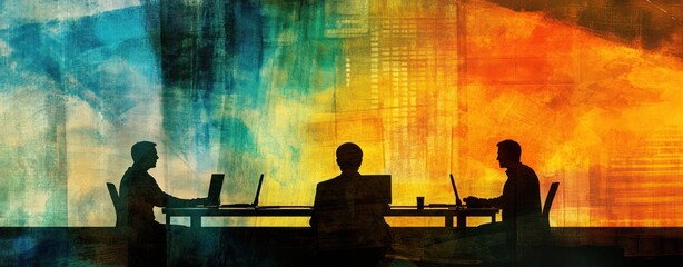 Aufkleber - Silhouettes of individuals working on laptops against a colorful abstract background.