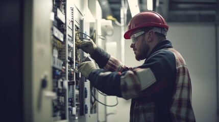 Poster - An intimate portrait of an electrician wiring control panels in a manufacturing plant, Industrial electrical installation scene, Technical and focused style