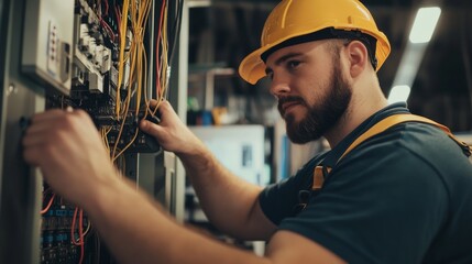 Poster - An intimate portrait of an electrician wiring control panels in a manufacturing plant, Manufacturing electrical installation scene, Technical and focused style