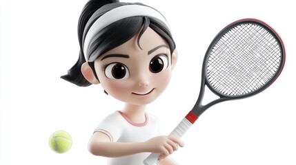 Aufkleber - A cheerful animated character holding a tennis racket with a ball nearby.