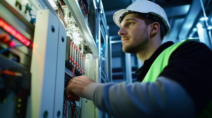 Poster - An intimate portrait of an electrician wiring control panels in a renewable energy project, Renewable energy installation scene, Technical and focused style