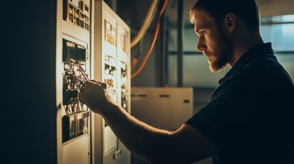 Poster - An intimate portrait of an electrician wiring control panels in a renewable energy project, Renewable energy installation scene, Technical and focused style