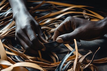 Poster - Hands working with strips of leather, showcasing craftsmanship and material preparation.