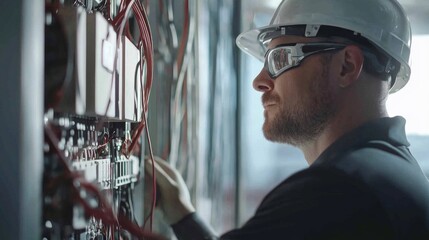 Poster - An intimate portrait of an electrician wiring control panels in a renewable energy project, Renewable energy installation scene, Technical and focused style