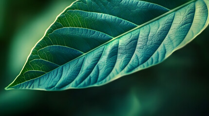 Wall Mural - A closeup background image of a natural green leaf vividly showcasing the intricate details of its texture 