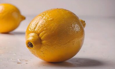 Aufkleber - A lemon is sitting on a table. It is yellow and has a stem. The lemon is wet