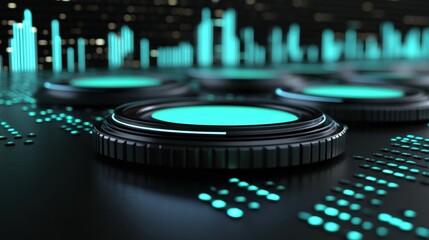 Poster - Abstract digital design featuring glowing circular elements and sound wave patterns.