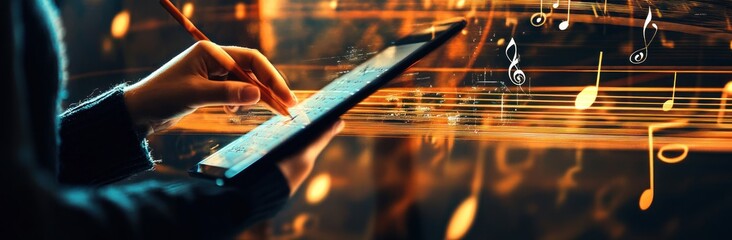 Poster - A hand interacts with a tablet, surrounded by musical notes, suggesting music creation or editing.
