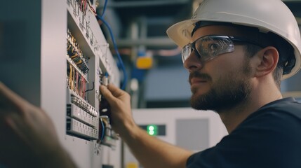 Poster - An intimate portrait of an electrician wiring control panels in an industrial plant, Industrial electrical installation scene, Technical and focused style