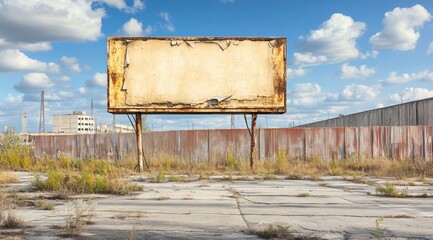 Poster - An empty, weathered billboard stands in an overgrown industrial area under a blue sky.