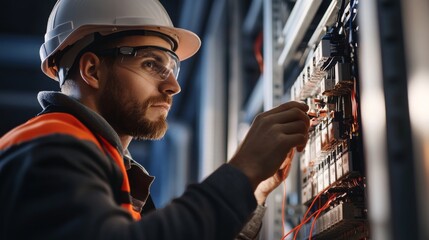 Poster - An intimate portrait of an electrician wiring electrical panels in an industrial facility, Electrical wiring scene, Technical and safety-conscious style