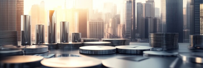 Poster - A close-up view of coins and cylindrical objects against a city skyline backdrop.