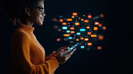 Poster - young woman using her smartphone, engaging with social media content