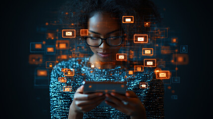 Poster - young woman using smartphone with digital notifications around her