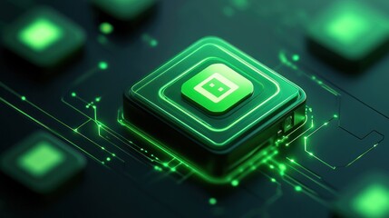 Aufkleber - A futuristic green circuit board with a glowing chip, symbolizing advanced technology.