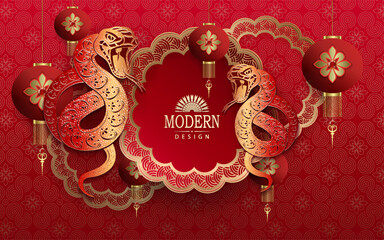 Wall Mural - Happy Chinese New Year, textured red card with isolated snakes and figured frame.