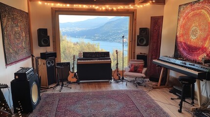 Poster - A cozy music studio with a scenic view, equipped for creativity and sound production.