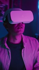 Vertical tilt up shot of young man exploring augmented reality and using laptop while wearing VR headset in neon lit room