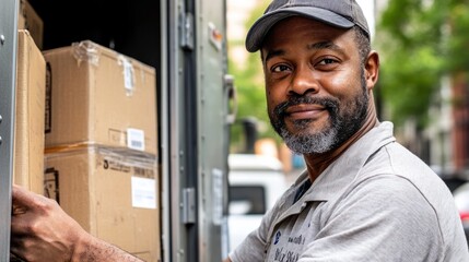 Poster - A delivery person smiles while loading boxes into a delivery vehicle on a city street.