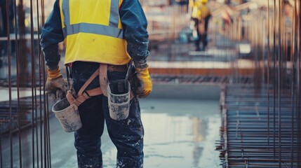 Poster - An intimate view of a construction site supervisor in reflective gear, overseeing concrete pouring for a foundation, Foundation construction scene