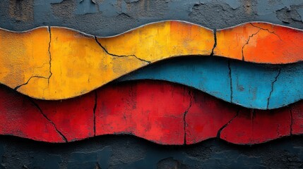 Colorful graffiti art on urban brick wall, vibrant street mural, contemporary spray-painted design, abstract shapes in bold colors, modern city artistic expression, creative public artwork