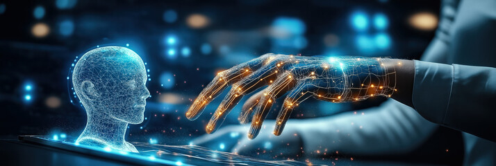 Poster - artificial intelligence agent interacting with digital interface and data visualization