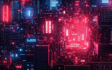 Poster - A detailed and dynamic image of a modern circuit board with neon red and blue lighting, set in a cuttingedge technology lab at night, creating a hightech atmosphere
